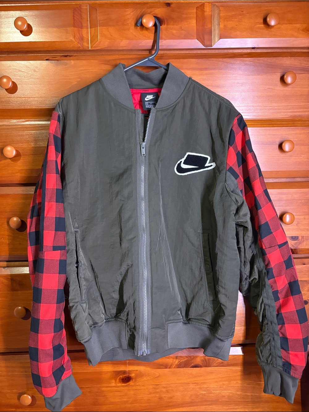 Nike Olive Bomber Jacket with Red Plaid Sleeves